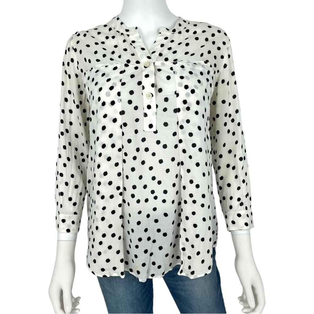 Anthropologie Maeve Women’s White Polka Dot 1/4 Button Down Blouse Small‎